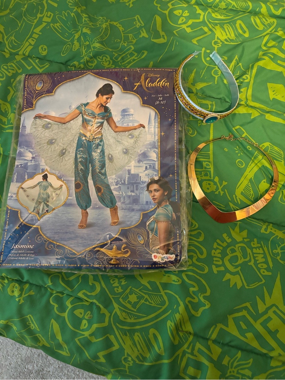 Disney Jasmine Costume Set in Teal and Gold with Cape and Accessories Size 8/10M